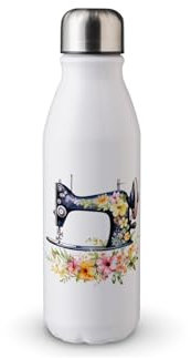 MAXIKIWI - Single Wall Water Drinking Bottle with Screw Cap, Non Insulated Lightweight Aluminium, BPA Free, Leak-Proof - Watercolor Sewing Machine - 500ml