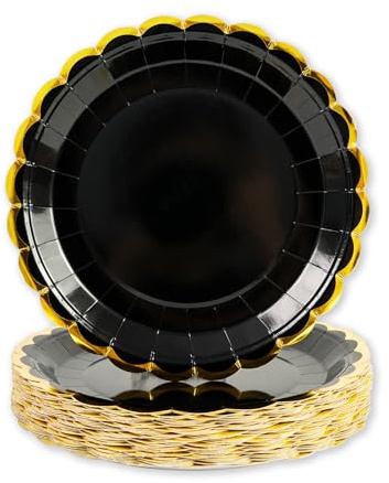 DHAIQC 50 pièces Assiette Jetable Festonnées 23cm, Noir Assiettes en Carton Vaisselle Jetable Anniversaire pour Barbecue Anniversaire Fête Douche de bébé Mariages (Or Noir, 23cm)