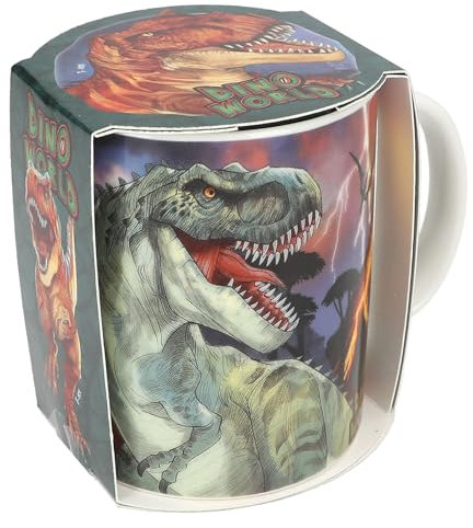 Depesche 12909 Dino World-Mug bianca con grande stampa di dinosauri, tazza in porcellana con manico, capacità circa 320 ml, Multicolore, STK