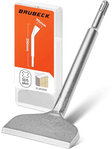 BAUBECK Robuste Fliesenmeißel SDS Plus - schnelles Lösen von Putz & Kleberesten [10° abgewinkelt], hitzegehärtet, 250mm lang Flachmeißel SDS Plus - meißel für bohrhammer sds plus fliesenmeißel