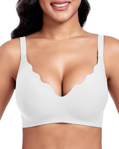 Vinfact Women's Bras Plunge V Floral Non Wired Push up Padded Comfort Everyday Bra-White-M