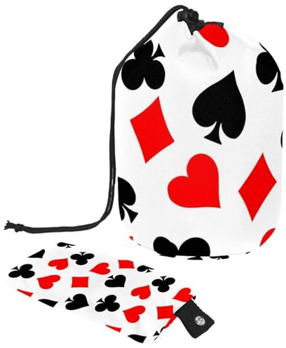 Drawstring Makeup Bag, Barrel Shaped Travel Cosmetic Bag Make up Bags, Foldable Toiletry Organizer Storage Pocket for Women&Girls - Poker Hearts Clubs Spades and Diamonds
