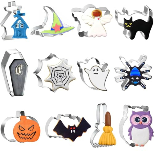 KOLZEMV 12 Ausstechformen für Halloween, Keksausstecher aus Edelstahl, Keksausstecher für Kinder, Fledermaus, Geist, Hut, Kürbis und andere Muster
