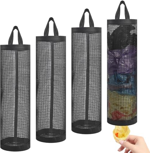 4 Pcs Plastic Bag Holder, Carrier Bag Storage Mesh Grocery Bag Holder Hanging Foldable Trash Bag Organizer Recycling Shopping Bag for Home and Kitchen