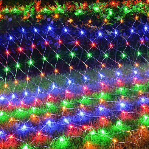 KINGCOO Guirnalda de luces 672LED, impermeable, funciona con pilas, de malla, para jardín, exterior, interior, Navidad, boda, fiesta, decoración de pared (multicolor, 6 x 4 m)