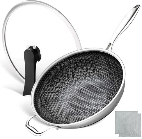 ZVALIEVYE Honeycomb Wok Pan with Lid, 12.5 inch Stainless Steel Woks & Stir-Fry Pans with Stay Cool Handle, Flat Bottom Wok, Induction Wok, Dishwasher Oven Safe