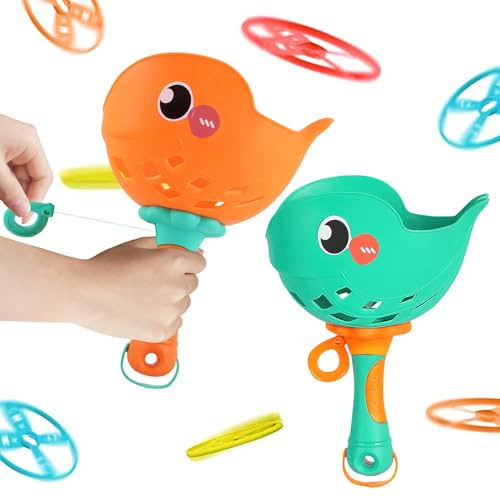 Shyllin Lanzador de Discos Voladores, Paquete de 2, Juguetes de Exterior para Niños, Incluye 32 Platillos Voladores, Juguetes de Hélice, Juegos Jardín para Niños, Apto para Parques (Naranja y Verde)
