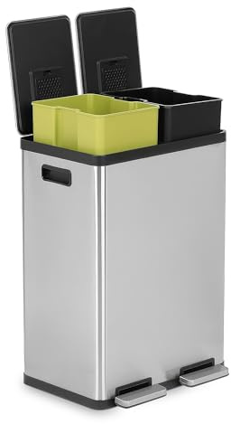 Simpli-Magic 16 Gallon (60L) Dual Compartment Step Trash Can – Kitchen Garbage Can with Waste & Recycling Bins – Slow-Close Lid, Odor Control, Hands-Free, Inner Bases, Premium Stainless Steel