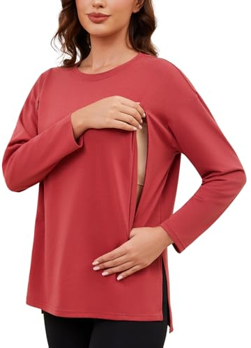 Love2Mi T-shirt d'allaitement pour femme avec fermeture éclair dissimulée à manches longues - T-shirt d'allaitement décontracté - Haut d'allaitement décontracté - Mode de maternité, M