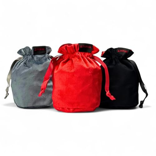 Luck Lab Velvet Drawstring Dice Bag - Set of Three Colors - Dungeons and Dragons Fabric/Standing Cotton Fabric Dice Bags/D&D Dice Pouch/Small Pouch/Velvet Jewelry Bag (Red, Black, Grey)