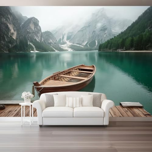 Fototapete 300 x 210 cm, Landschaft See Berge Boot Tapeten Vliestapete Modern Wandtapete für Wohnzimmer Schlafzimmer TV Hintergrund Kinderzimmer Büro Wanddeko Motivtapeten, Braunes Grün