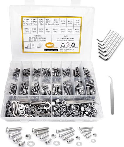 Juego de Tornillos y Tuercas, 460 Piezas M2,5 M3 M4 M5 M6 M8 Juego de Tornillos y Tuercas y Arandelas Kit, 304 Tornillos de Cabeza Hexagonal de Acero Inoxidable, con Llave, con Llave, Pinzas y Caja