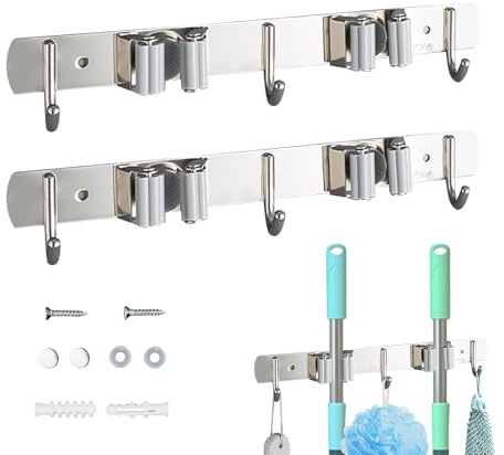 Besenhalterung Wand, Besen Halterungen - Robuste Halterung mit Mehreren Haken und Vielen Aufbewahrungsmöglichkeiten, Ideal für Garten, Garage und Werkstatt, Universell Einsetzbar Grau 2er Set