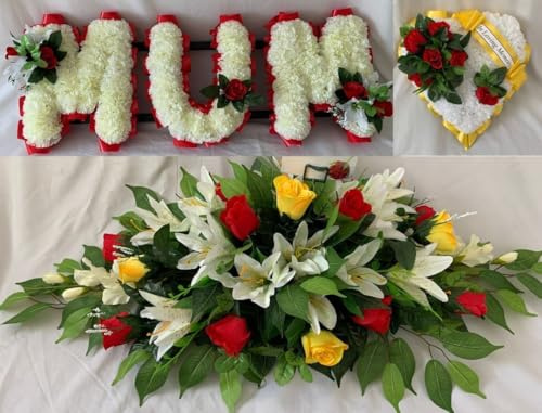 Silky Bouquets Mum Heart & Large Spray Silk Funeral Flower Package – Personalized 3 Letter Memorial Flowers, 36 Spray & 14 Heart | Custom Silk Funeral Flowers for Graves & Funerals
