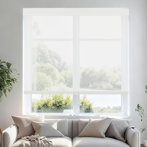 Persilux Light Filtering Roller Shades Cordless Blinds for Windows, Free-Stop Shades with Valance, Thermal Insulated Fabric, Natural Woven Blinds for Indoor Windows Home 21 W x 72 H, White
