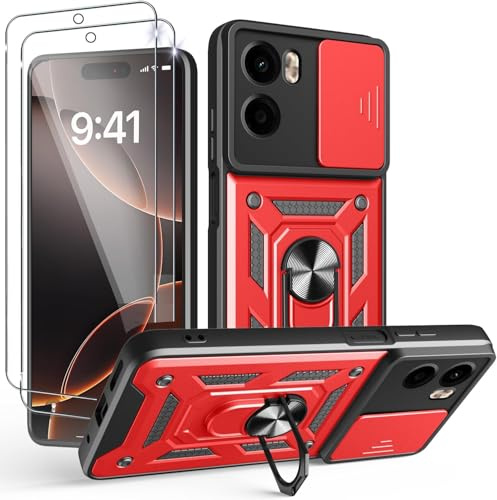 PIXFAB for Motorola Moto G06 Case with 2 x Screen Protector Tempered Glass, Shockproof Case with Camera Lens Protection, Protective Ring Armour Phone Case Cover with [Kickstand] - Red