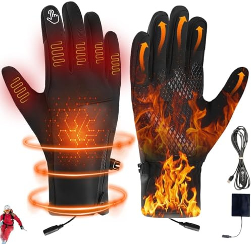 Gants Chauffants Velo Gants Moto Chauffant pour Homme Femme, Rechargeable Gants Chauffants USB avec Écran Tactile, Imperméables et Antidérapants, 3 Températures Réglables, Gants Moto Hiver (A-3 modes)