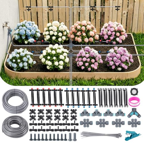 240FT Quick-Connect Drip Irrigation System, Garden Watering System 1/4 & 1/2 Fast-Lock Tubing, Adjustable Nozzles Emitters for Outdoor Raised Garden Beds,Greenhouse, Lawn, Patio