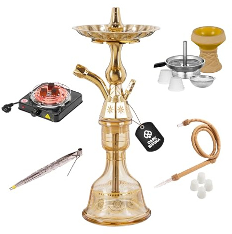 Dark Shisha Cachimba Tradicional Luna Ámbar 44,5 cm + Hornillo Eléctrico para Carbón 1000W con Cesta | Set Completo con Manguera Tradicional, Cazoleta de Piedra, Chimenea, Pinza y Juntas