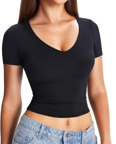 Navneet Women Crop Tops V Neck Cropped Tshirt Black
