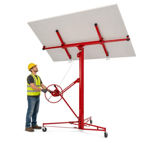 Gipskartonheber Teleskop, Plattenheber höhenverstellbar 180-470cm, 60° neigbar, bis 68kg/150lbs, 3 Lenkrollen, Deckenlift für Trockenbau, Stahl mit Spritzlackierung,Rot