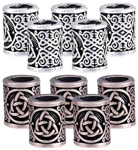10 Pcs Celtic Dreadlock Beads for Men, Viking Beard Beads, Nordic Rune and Celtic Pattern, Antique Silver with Bronze Tones, Set for Beard and Hair Decoration, Vintage Metal Look for Styling