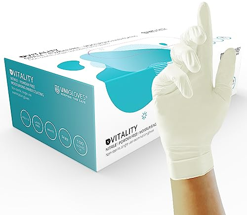 Unigloves Vitality Nitrile GD0035 Moisturising Examination - Multipurpose, Powder and Latex Free Disposable Gloves, Box of 100 Gloves, White, Extra Large