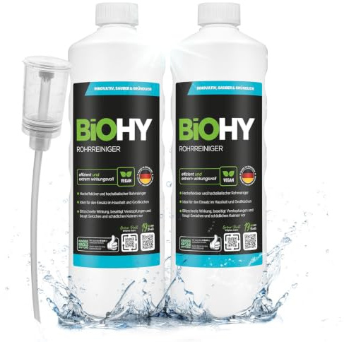BiOHY Desatascador (2 botellas de 1 litro) + Dosificador | Líquido, limpiador de desagües altamente concentrado | Inodoro, Para todos los bloqueos | EXTRA FUERTE (Rohrreiniger)