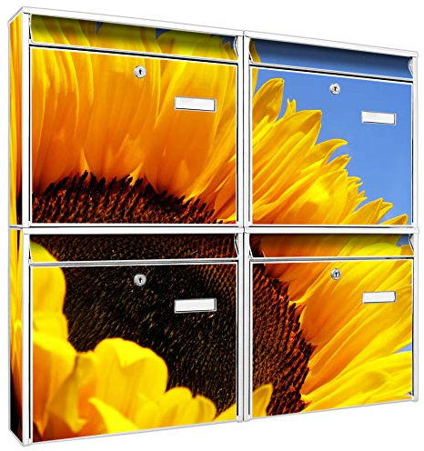 banjado Briefkastenanlage 4 Fach - Postkästen groß - verzinkter Stahl weiß DIN A4 Motiv Sonnenblume - Briefkasten Set 4 Briefkästen Namensschild, 2 Schlüssel, Montagematerial