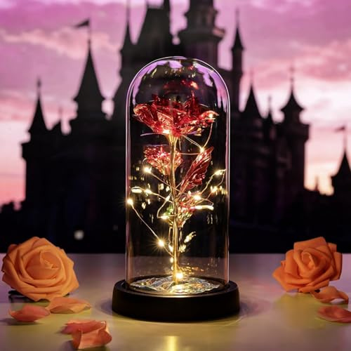 Glasseam La Bella E La Bestia Rosa In Cupola Di Vetro Con Luci A LED Bianche Calde Fiori Di Cristallo Eterni Incantati Per Sempre Regalo Di Compleanno Per Lei Per L'anniversario