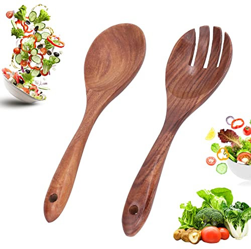 Lot de 2 Couverts à Salade en Bois, 26cm Réutilisable Cuillères à Servir en Bois Ensemble Salade Mélange Fourchette et Cuillère à Long Manche pour La Cuisson