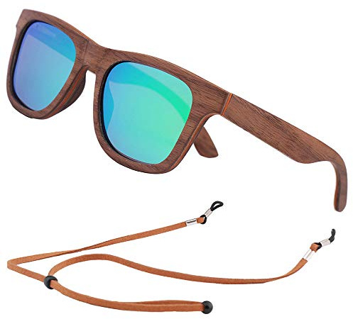 An Swallow Holz Sonnenbrille Herren Damen Polarisiert Verspiegelt, Bambus Holz Brille Polarisierte Gläser UV400 Schutz (Grüne Spiegellinse)