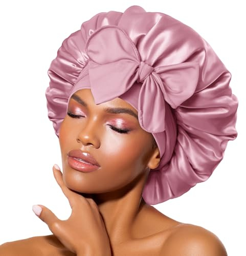 BONNET QUEEN Satin Sovhuvor för Damer Silkesmössa för Sovande Kvinnor, Satin Sovmössa med Justerbart Huvudband för Lockigt, Rose Guld