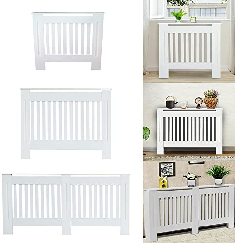 AutoFu Small Radiator Covers Modern Grill Slat White Painted Cabinet Radiator Shelve MDF Heating Cover for Home Office Bedroom Living Room Hallway, Free Standing Frame