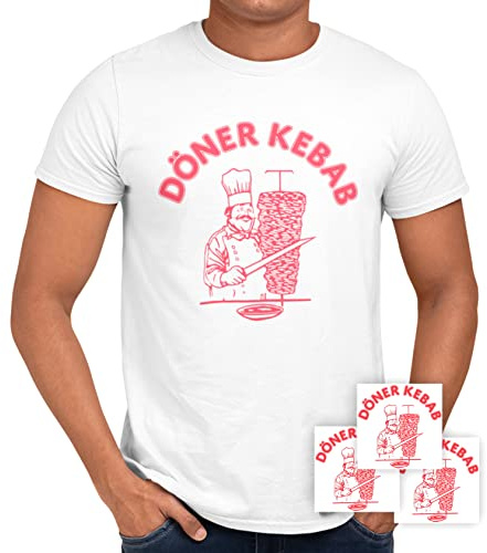 Döner Kebab T-shirt 100 % coton bio issu du commerce équitable (taille XS à 3XL) avec 3 autocollants gratuits | T-shirt amusant pour homme et femme | Cadeau de costume d'anniversaire JGA