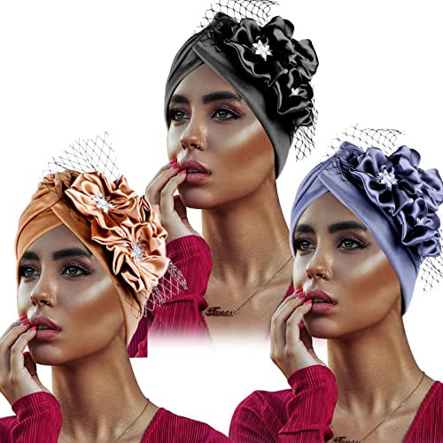 3 Stück Turban Kopfwickel Blume 20er Jahre Fascinator Hüte Kristall Mesh Chemo Krebs Cap Bonnet Beanie Bohemian Headwear, Schwarz, Grau, Blau, Braun