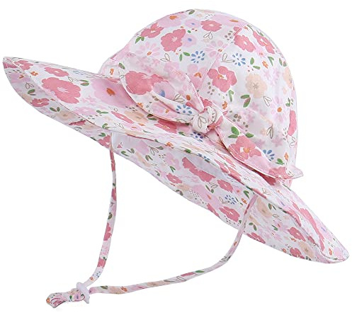 LACOFIA Baby Girls Sun Hat UPF 50+ UV Protection Toddler Cotton Beach Hat Infant Wide Brim Summer Visor Cap with Adjustable Chin Strap Light Pink Flowers 2-5 Years