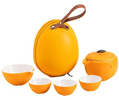 TANG PIN Juego de té Kungfu Tetera de cerámica portátil con 3 tazas de forma naranja Juego de té de viaje con estuche de viaje (12 x 12 x 6.1 pulgadas, naranja)