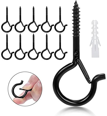 LYCXAMES Ganci a vite, 10 Pezzi Ganci Avvitabili per Legno, Ganci a Soffitto Q-Hanger con Fibbia di Sicurezza, per Cestini di Piante, Gabbia per Uccelli, Lanterne, Catene Luminose, Tazza, Neri