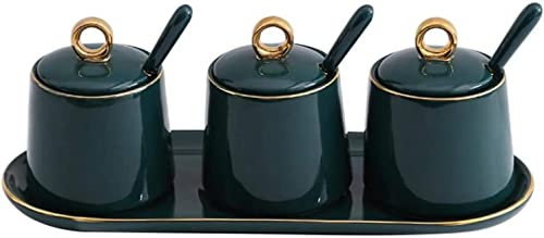 Tarro de condimentos Recipiente de especias con tapas Cucharas y bandeja Saleros de cerámica Juego de azucareros de 2/3 para encimera de cocina Tarro de especias de cerámica vintage (Juegos de con c