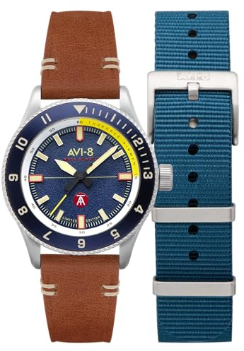 AVI-8 Herren-Armbanduhr, Mecha-Quarz, 40 mm, silberfarbenes Zifferblatt, blaues Lederarmband, AV-4103-02