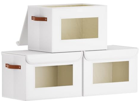 YheenLf Aufbewahrungsbox mit Deckel,3 Stück,Weiß Faltboxen,38x25x25cm | Schrank Organizer Kleiderschrank,Aufbewahrungsboxn mit Fenster,Faltbox mit Griff,Aufbewahrungskorb,Ordnungsboxen