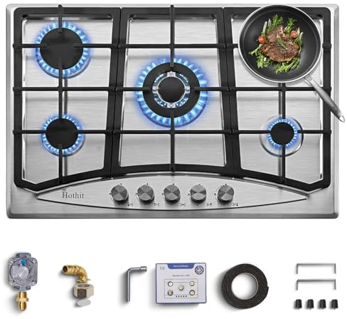 Hothit Propane Gas Cooktop 30 Inch, 5 Burner Built-in Stainless Steel Gas Stove Top, LPG/NG Dual Fuel Auto Ignition Gas Hob, Include Gas Pressure Regulator(L30×W20)…