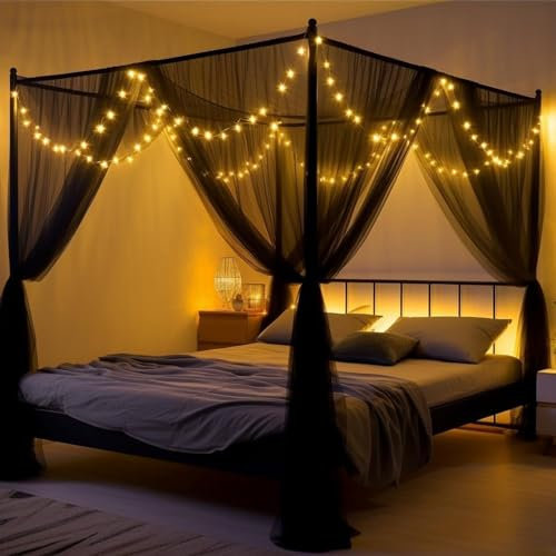 Anmas Box Mosquito Net Bed Canopy for Double Bed - Black Four Corner Post Curtains, Elegant Drape With Hook & Rope, Screen Netting for Full