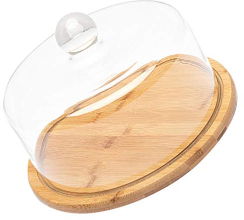 PAREKS Plateau à gâteau en bois avec dôme en verre transparent, cloche ronde à gâteau pour serveur de gâteau, plateau alimentaire, couvercle à dessert pour gâteau, dessert, fromage Taille 4