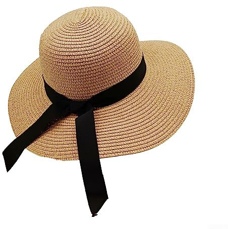 Sombrero de paja para mujer, visera de verano, ala ancha, sombrero de paja plegable, plegable, plegable, para playa, caqui, M