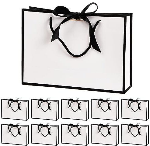 Geschenktüten mit Schleifenbändern 10 Stück Geschenktaschen aus Papier Einkaufstüten 28 x 10 x 20 CM Bogen Taschen für Geburtstag Hochzeit Feier Weihnachten, Weiß + Schwarz