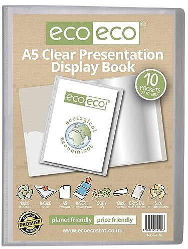 eco-eco eco126 Präsentationsbuch, A5, 50% recycelt, 10 Taschen, durchsichtig, Aufbewahrungsbox, Portfolio-Kunstmappe mit Kunststoffhüllen, transparent
