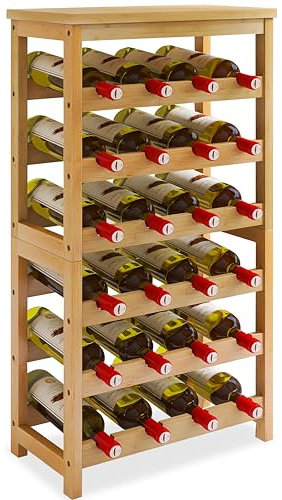 STELLSTAR 24 Flaschen Boden Weinregal mit Tischplatte, 6 Tier Bambus Wein Display Storage Regale, Wave Bars freistehende Weinflasche Veranstalter Regal für Küche Speisekammer Keller, Natur