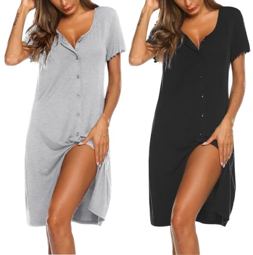 Ekouaer Pajama Nightgown for Women Short Sleeve Button Down Nightwear Top Boyfriend Sleep Shirts Plus Size Nightdress Black, Light Grey